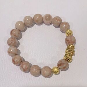 HANDMADE Elegant Natural Stone Beads w 2 Goldtone Beads 24K gold plated Pixiu